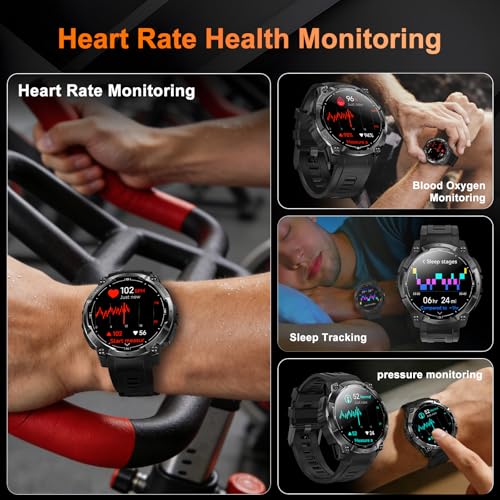 Rugged Military Smart Watch for Men with GPS, 1.43'' AMOLED Fitness Tracker Watch with Bluetooth Call/Flashlight/Compass, 170+ Sports Modes Waterproof Mens Smartwatch for Android iPhone