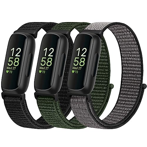 WNIPH Nylon Bands Compatible for Fitbit Inspire 3/Inspire 2/Inspire/Inspire HR/Ace 3/Ace 2 Bands, Breathable Sport Replacement Straps Soft Adjustable Solo Loop Dark Black+Navy Green+Iron Grey