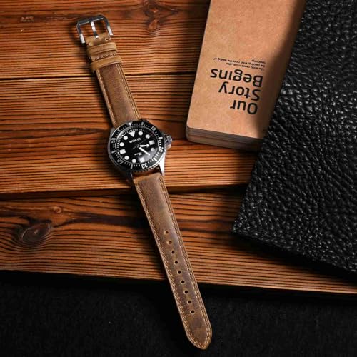 WOCCI 20mm Watch Band, Genuine Leather, Quick Release Replacement Strap, Golden Buckle (Brown)