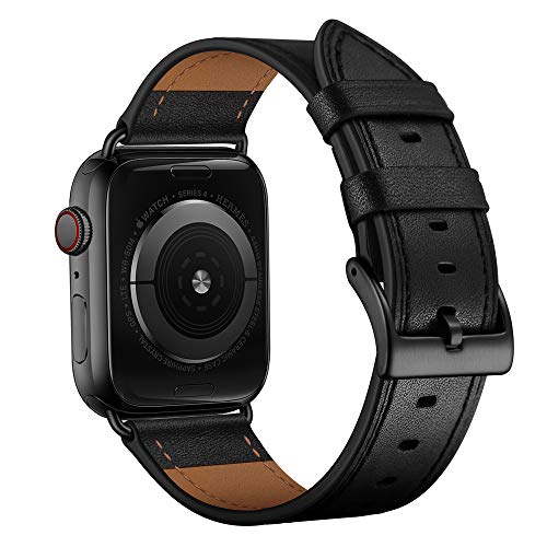 OUHENG Leather Bands Compatible with Apple Watch Band 42mm 41mm 40mm 38mm, Genuine Leather Strap Compatible with Apple Watch Series 11/10/9/8/7/6/5/4/3/2/1 & SE3 SE2 SE, Black/Black