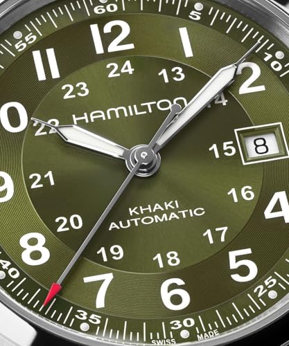 Hamilton Khaki Field Automatic Mens Watch, 42mm Stainless Steel Case, Swiss Made, Green Dial Analog Wrist Watch for Mens 100 Meters Water resitance, Sapphire Crystal, 3-Hand Movement, Leather Strap