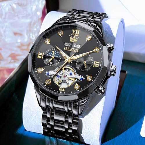 OLEVS Black Self Winding Watches for Men Mechanical Business Dress Skeleton Waterproof Luminous Date Automatic Luxury Casual Man Watch
