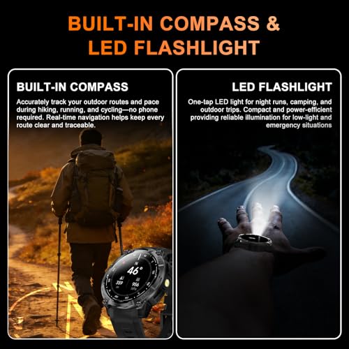Rugged Military Smart Watch for Men with GPS, 1.43'' AMOLED Fitness Tracker Watch with Bluetooth Call/Flashlight/Compass, 170+ Sports Modes Waterproof Mens Smartwatch for Android iPhone