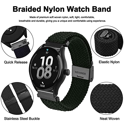 WOCCI 20mm Braided Nylon Watch Band for Men and Women, Quick Release, Black Stainless Steel Buckle (Black)