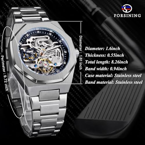 FORSINING Automatic Watch Mechanical Wrist Watch for Men Octagonal Waterproof Skeleton Watches Luxury Diamond Tourbillon Silver Stainless Steel Band