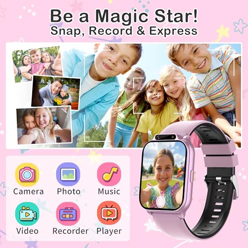 Kids Waterproof Smart Watch Girls with Fitness Tracker Sports Activity Pedometer Heartrate SpO2 Stress Monitor Flashlight APP HD Touch Screen Camera Games Music for 4-13 Year Old Girls Gifts for Kids