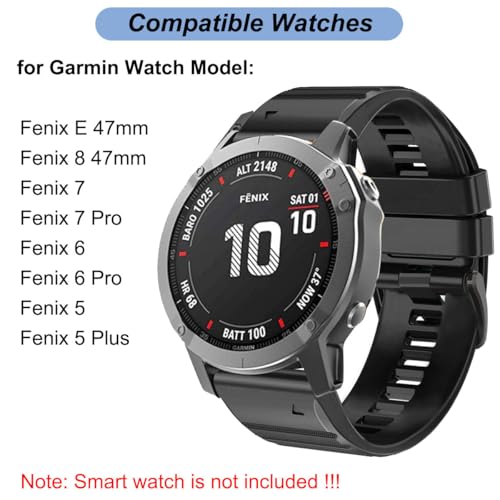 Watch Band for Garmin Fenix 6/Fenix 7/Fenix 8 (47mm)/Fenix 5/Fenix E (47MM), 22mm Silicone Watch Bands Quick Fit Strap for Garmin Smartwatch (Black)