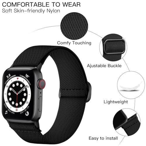 Lerobo Compatible with Apple Watch Band 44mm 46mm Series 11 10 9 8 SE Ultra 3 2 1 42mm 45mm 49mm for Men iWatch Bands Womens Series 7 6 5 4 3 SE2 SE3, Elastic Nylon Solo Loop Sport Strap, Black
