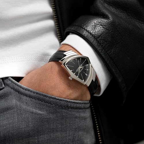 Hamilton Ventura Swiss Quartz Men's Watch, 32mm x 50mm Stainless Steel Case, Swiss Made, Black Dial Analog Wrist Watch for Men, 50m Waterproof, Mineral Crystal