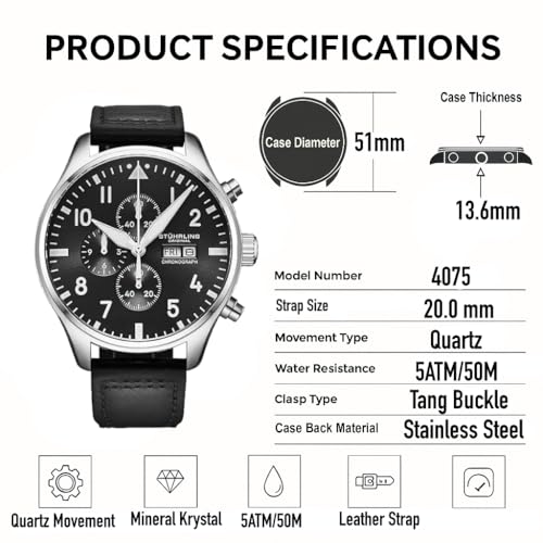 Stuhrling Original Navigator Chrono 4075 Men’s Pilot Chronograph – 43mm Case, Sunray Dial, Luminous Markers, Quartz, Mineral Crystal, Leather Strap, 50M Water Resistant