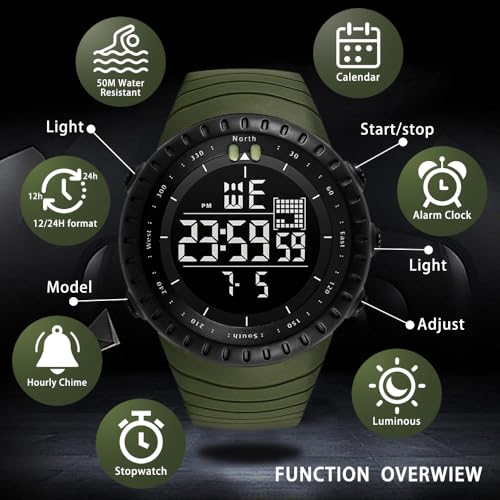KXAITO Men's Watches Sports Outdoor Waterproof Military Watch Date Multi Function Tactics LED Face Alarm Stopwatch for Men (6256 Black)