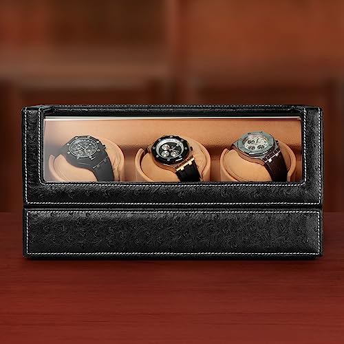 DRIKLUX Automatic Watch Winder for Rolex and Other Luxury Watches - Automatic Winder with Quiet Motor, Premium Black Ostrich Leather Exterior and Soft Flexible Watch Pillows of Camel Velvet