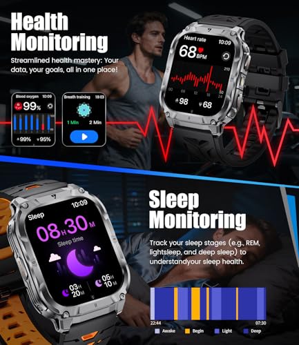 LIGE Military Smart Watch for Men(3 Bands),1000mAh/2 HD Large Screen Smartwatch, Flashlight/110+ Sports Modes, Fitness Tracker Watch for Android iOS,Light Black