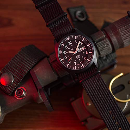 Infantry MDC Mens Military Watch, Stealth Black Tactical Field Watch for Men, 12/24H Military Time Analog Watch with Day Date, Waterproof Work Watch with Black Nylon
