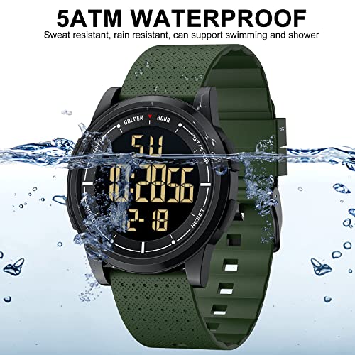 GOLDEN HOUR Ultra-Thin Minimalist Sports Waterproof Digital Watches Men with Wide-Angle Display Rubber Strap Alloy Steel Case Wrist Watch for Men Women in Army Green