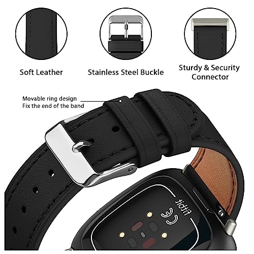 Meliya Leather Bands Compatible with Fitbit Versa 4 Bands/Fitbit Versa 3 Bands/Sense 2 Bands/Fitbit Sense Watch Bands for Women Men, Classic Genuine Leather Wristband Straps (Black)