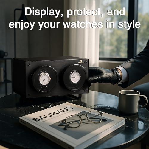 MOZSLY Double Watch Winder for Automatic Watches with Quiet Motor 12 Rotation Mode Setting AC Adapter or Battery Powered PU Leather Full Black