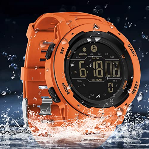 Step Counter Fitness Tracker Watches for Men, Men's Digital Sports Orange Watch IP68 Waterproof with Pedometer Calorie Dual Time Countdown Stopwatch, Tactical Military Outdoor Survival Hiking