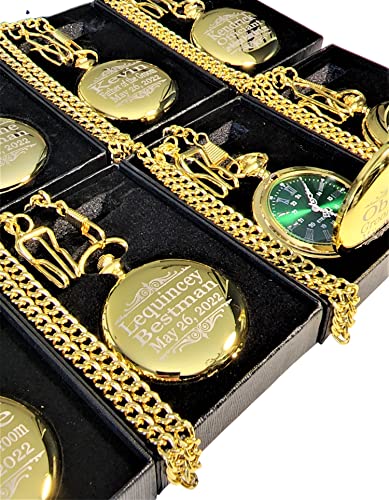 1 Engraved Pocket Watch - Comes with Fitted Custom Box, Chain and Engraving - Green dial with Silver Roman Numerals - Personalized Wedding Gifts (Rose Gold)