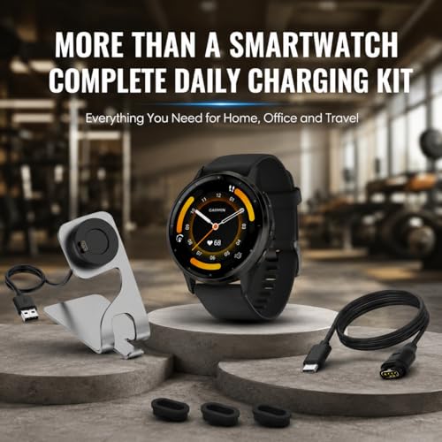 Garmin Venu 3 GPS Smartwatch, 45mm Black, Fitness Tracker with 14-Day Battery & Sleep Coach - Includes Premium Charging Stand, Extra Power Cable & Port Protector Plugs (Renewed)