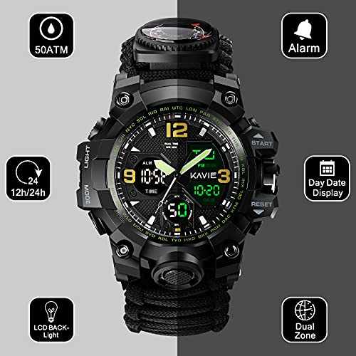 Smilkat 23-in-1 Survival Military Digital Watch, Mens Tactical Multi-Functional and Adjustable Wristband Outdoors Waterproof Sports Dual Dial Watches with Compass Paracord Band, Black, Digital