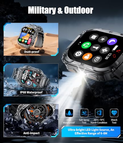 LIGE Military Smart Watch for Men(3 Bands),1000mAh/2 HD Large Screen Smartwatch, Flashlight/110+ Sports Modes, Fitness Tracker Watch for Android iOS,Light Black