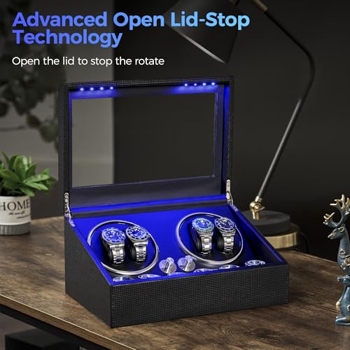ANWBROAD Watch Winder for Automatic Watches 4 Watch Rotator and 6 Extra Storages with Super Quiet Motor and LED Backlight Turner Carbon Fiber Shaker 5 Rotating Modes UJWW002F