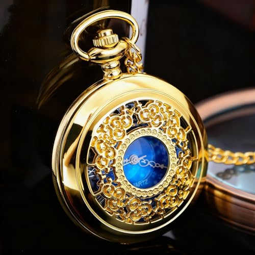 Tiong Luxury Gold Pocket Watch Hollow Blue Star Roman Numerals Quartz Pocket Watches with Chain Christmas Graduation Birthday Gifts Fathers Day(24-Gold)