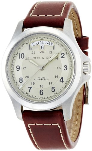 Hamilton Khaki Field King Automatic Men's Watch, 40mm Stainless Steel Case, Swiss Made, Beige Dial Analog Wrist Watch for Men, 50m Waterproof, Sapphire Crystal, Cow Leather Strap