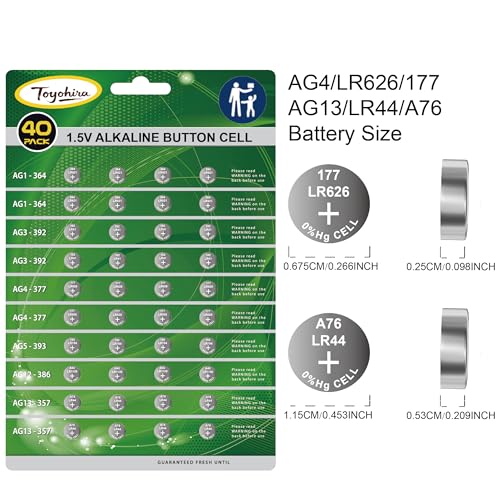 40pcs High Power Super Alkaline Button Cell astd 1.5V Watch Batteries Incl. AG1(LR621,364)*8,AG3(LR41,392)*8, AG4(LR626,377)*8,AG5(LR754, 393)*4,AG12(LR43,386)*4,AG13(LR44,357)*8 for thermometer clock