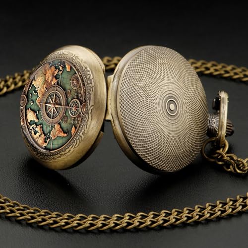 YIHAOYH Vintage Pocket Watch for Women Men Dragon Eagle Crow Design Bronze Quartz Pocket Watches with Chain Pendant Gift with Box (Bronze-map)