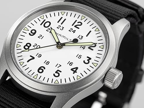 Hamilton Khaki Field Mechanical Men's Watch, 38mm Stainless Steel Case, Swiss Made, White Dial Analog Wrist Watch for Men, 50m Waterproof, Sapphire Crystal, Textile Strap