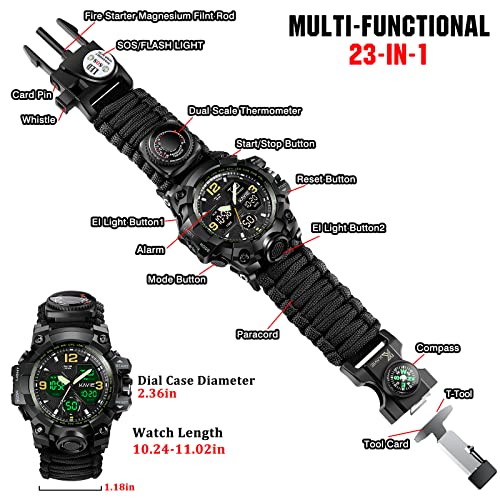 Smilkat 23-in-1 Survival Military Digital Watch, Mens Tactical Multi-Functional and Adjustable Wristband Outdoors Waterproof Sports Dual Dial Watches with Compass Paracord Band, Black, Digital