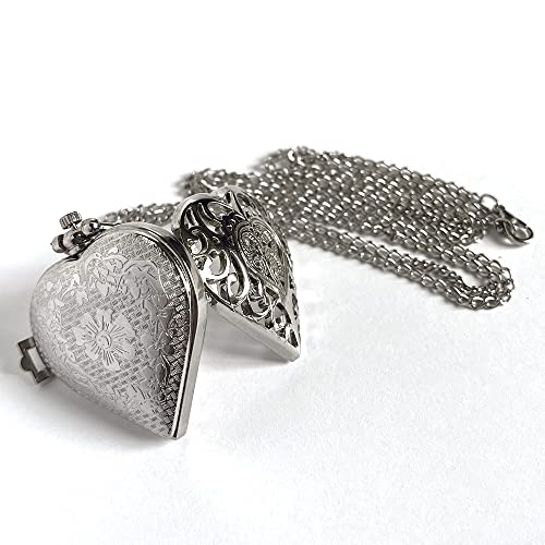VIGOROSO Women's Pocket Watch, Analog Display, Quartz Movement, Silver Stainless Steel, Heart Pendant Necklace, Unisex Accessory, Valentines Day Gifts