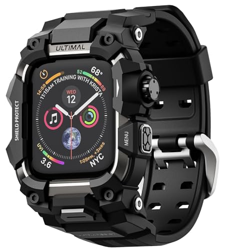 ULTIMAL Rugged Case with Band for Apple Watch 44mm,Compatible with Apple Watch Series SE 3/SE 2/SE Generation/6/5/4, Military Grade Shockproof Bumper Cover for iWatch Tactical Band Men (Black, 44mm)