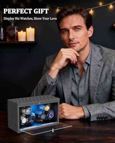 GLOKUUCA Watch Winder 6 with LED and Super Quiet Motor 4 Rotating Modes, Wooden Watch Storage Case Watch Shaker with USB Cable Gift (Black Carbon Fiber)