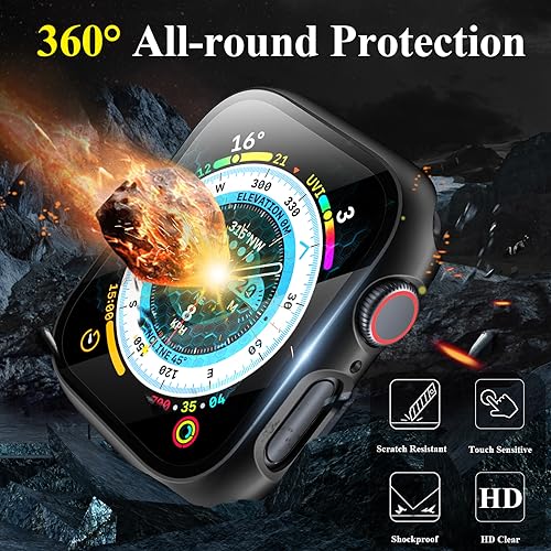 [3 Pack] Case for Apple Watch Series 9 Screen Protector 41mm Series 8 Series 7, EWUONU Hard PC Bumper Cover HD Tempered Glass Full Protective Case for iWatch Series 9/8/7 Accessories 41mm, Black