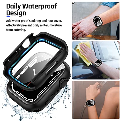 Goton 2 in 1 Waterproof Case for Apple Watch Series 9 8 7 Screen Protector 45mm, 360 Protective Glass Face Cover Hard PC Bumper + Back Frame for iWatch Accessories 45 mm