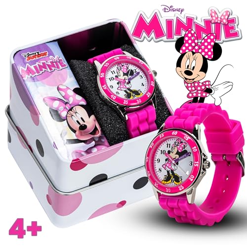Disney Minnie Mouse Kids' Time Teacher Watch – Pink Rubber Strap, Easy-Read Analog Dial with Minnie Artwork, Enamel Bezel, Educational Watch for Girls – Fits Wrists 5.5" to 8"
