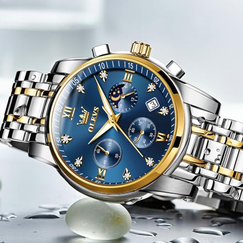 OLEVS Watch for Men Diamond Business Dress Analog Quartz Stainless Steel Waterproof Luminous Date Two Tone Luxury Casual Wrist Watch Blue