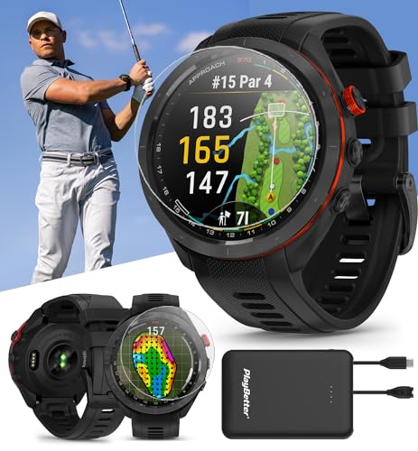 Garmin Approach S70 (Black, 47mm) Golf GPS Watch | Premium Smartwatch with AMOLED Display, Virtual Caddie & Playslike Distance | Bundle with PlayBetter Screen Protectors & Portable Charger