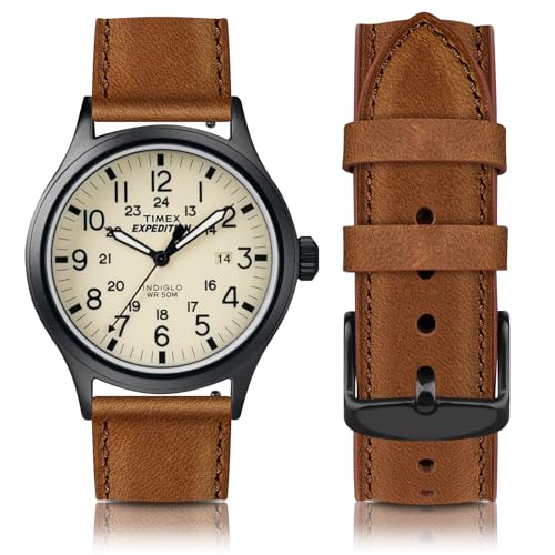 20mm Leather Band for Timex Expedition Bands, Soft Leather Replacement Band for Timex Men's Expedition Scout 40mm 43mm/Expedition Acadia 40mm/Digital CAT 39mm/Field 43mm/Rugged Core Analog Watch (Brown)