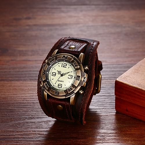 Avaner Men's Vintage Leather Watches: Retro Punk Wide Band Cuff Steampunk Analog Quartz Wrist Watch