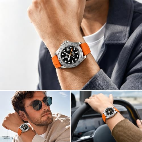 CEYADG Pagani Design Watches for Men Automatic Mechanical GMT Watch Analog Sapphire Glass Stainless Steel Sport Waterproof Luminous Men's Wrist Watches (Orange Strap Black Dial)
