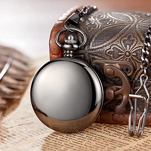 Realpoo SwitchMe Smooth Black Pocket Watch for Men Quartz Arabic Digital Dial with Chain,Smooth Quartz Men's Pocket Watch for Father's Day Christmas Gift - Black