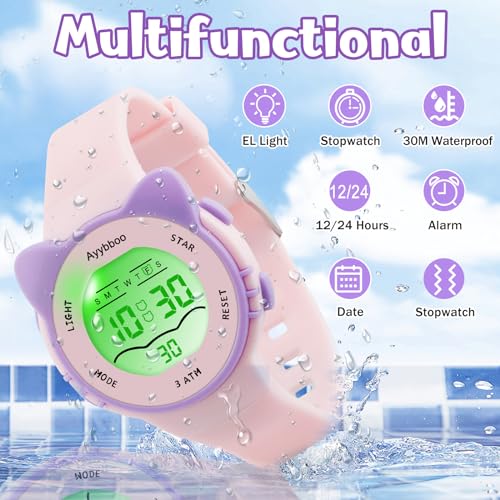 Ayybboo Digital Watches for Girls Boys, 7 Color Lights Water Proof Watches with Alarm Stopwatch,Cute Cat Watch, Presents for Girls Boys Ages 5-13