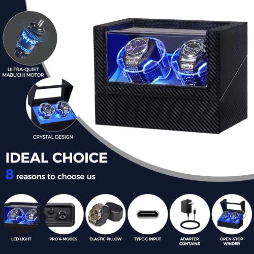 ANWBROAD Watch Winder for Automatic Watches, Double Automatic Watch Winder Box with Quiet Japanese Motor, 4 Modes Dual Watch Winder wIth LED Light, Type-C Adapter, UJWW016C