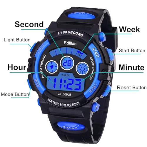 Edillas Boys Watch Digital, 7 Colors LED Lights 50M Waterproof Wristwatches for Child Sport Outdoor Multifunctional with Stopwatch/Alarm for Kids Ages 7-15