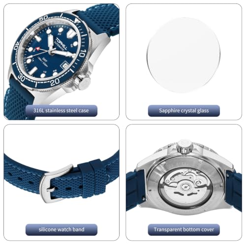TOPHILL Mens Watches GMT Automatic Dive Watch|39.5mm 316L Steel Dive Watch|NH34 Movement|Sapphire Crystal|Ceramic Bezel|10ATM Water Resistant|BGW9 Luminous Rubber Strap Watch for Men (TD011G.G1358-02)