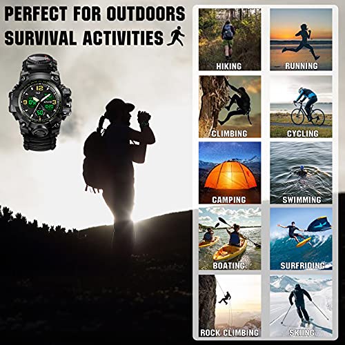 Smilkat 23-in-1 Survival Military Digital Watch, Mens Tactical Multi-Functional and Adjustable Wristband Outdoors Waterproof Sports Dual Dial Watches with Compass Paracord Band, Black, Digital